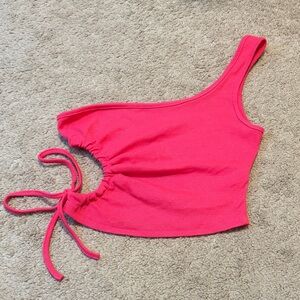 SHEIN Hot Pink One-Shoulder Ruched Side-Tie Crop Top